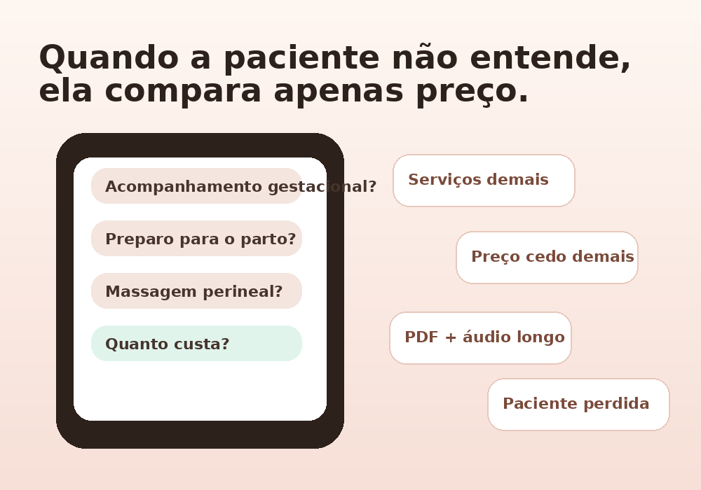 Ilustração de mensagens confusas sobre serviços para gestantes